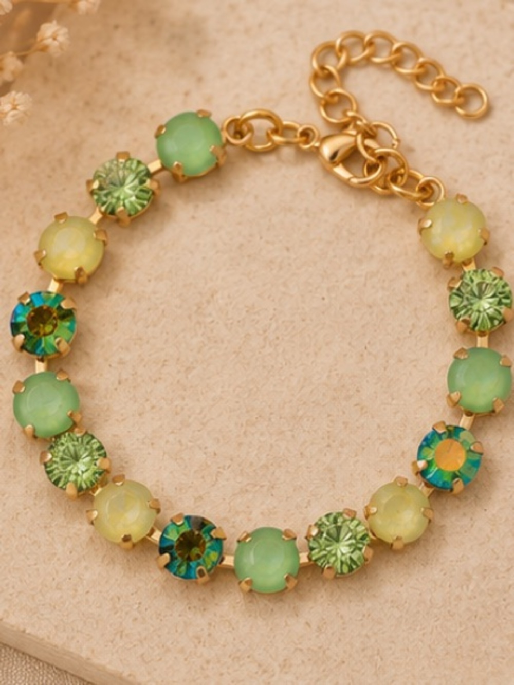 Green Crystal Bracelet Gold Tone Adjustable